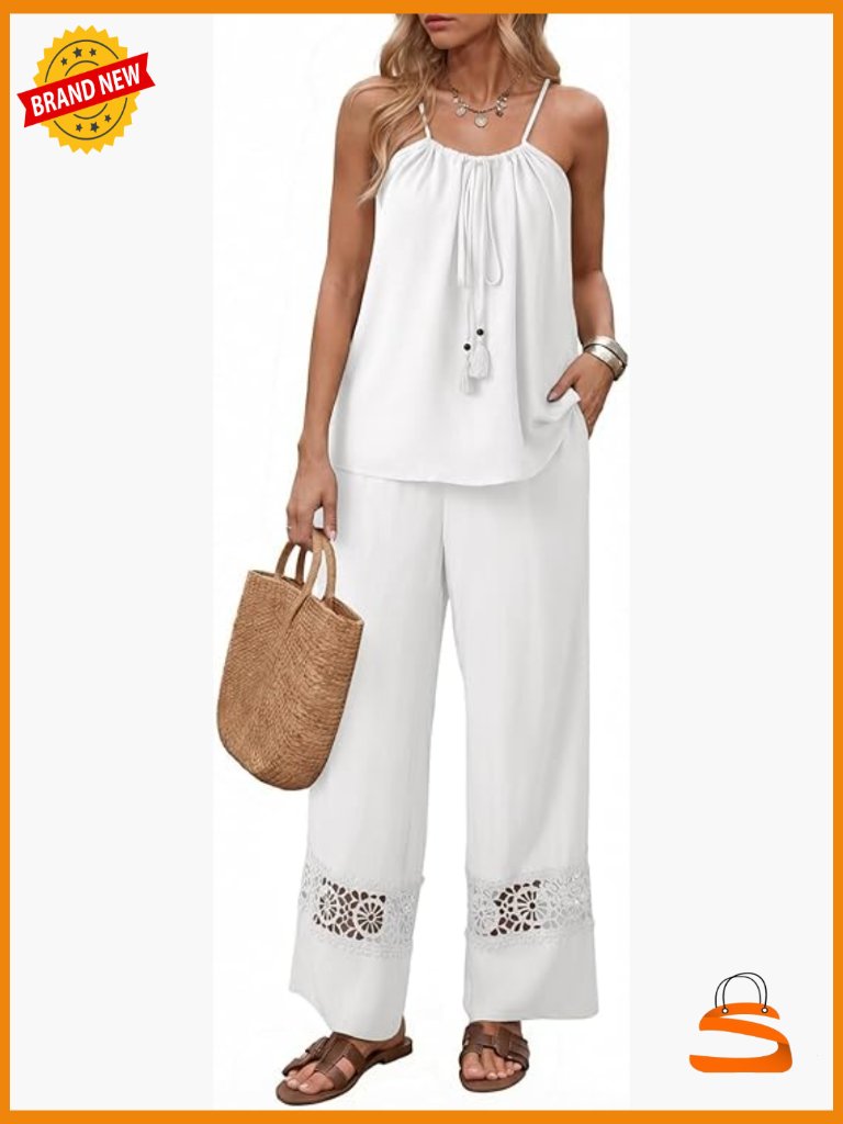 2 Piece Summer Sets For Women Spaghetti Strap Lace Wide Leg Pant Set
